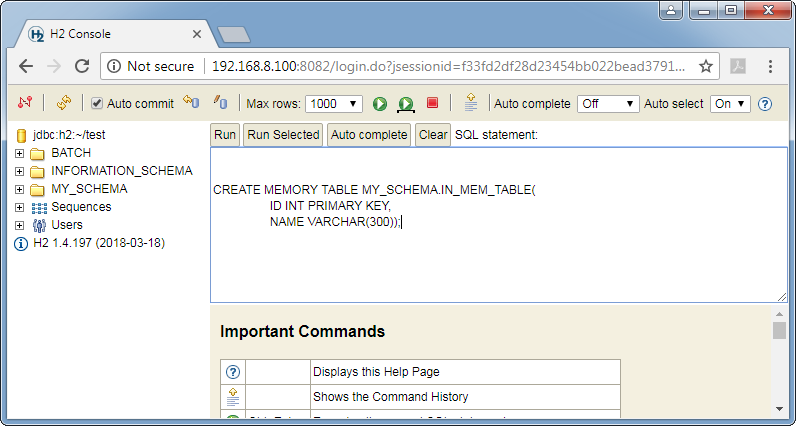 Create H2 database in-memory table: command