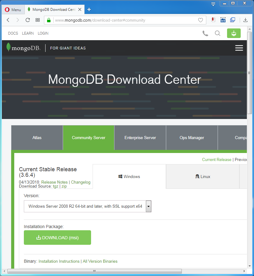 MongoDB Installation on Windows: download page