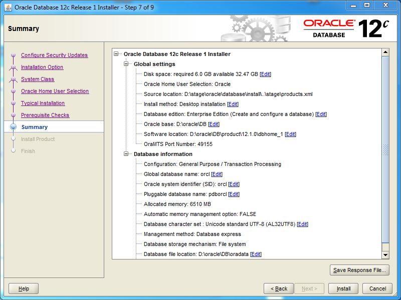 Oracle database 12cR1 EE Installation on Windows: summary 
