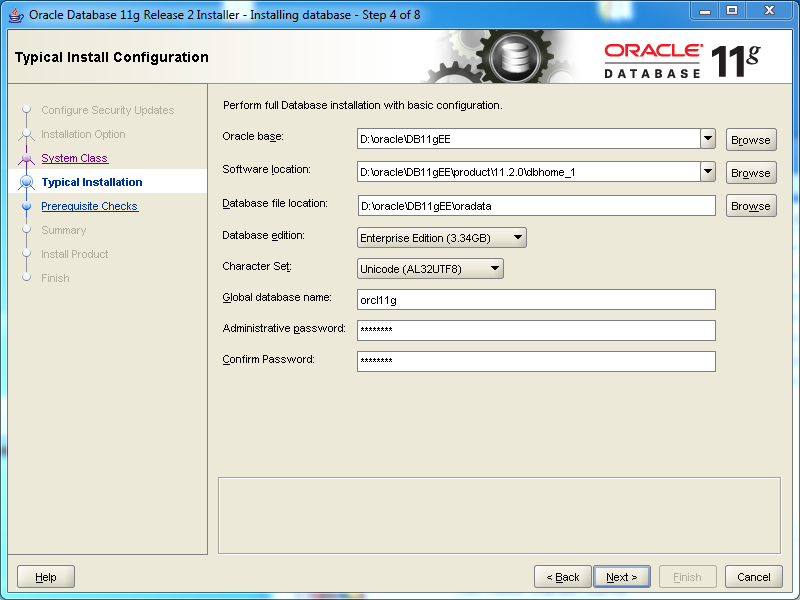 Oracle database 11gR2 Enterprise Edition Installation on Windows: typical installation 