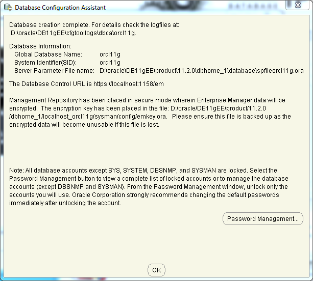 Oracle database 11gR2 Enterprise Edition Installation on Windows: end 