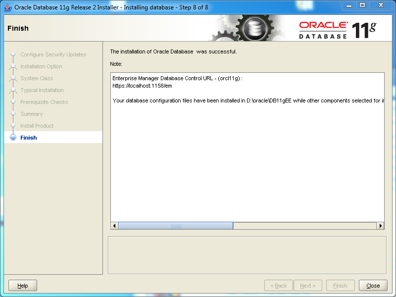 Oracle database 11gR2 Enterprise Edition Installation on Windows: finish 