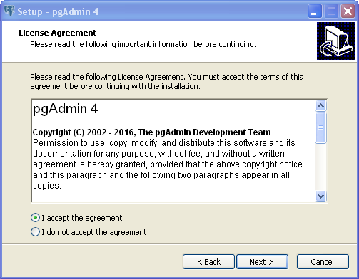 pgAdmin installation on Windows : accept