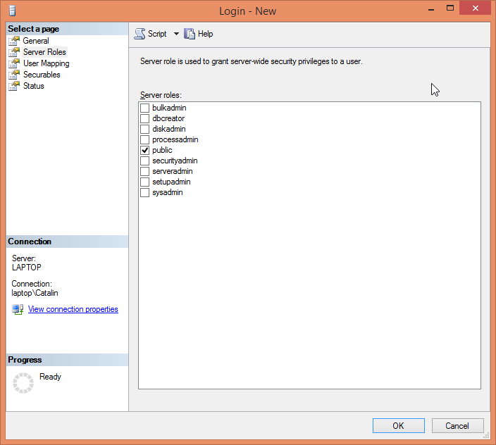 Create a Login for Microsoft SQL Server using SQL Server Management Studio (SSMS): server roles 