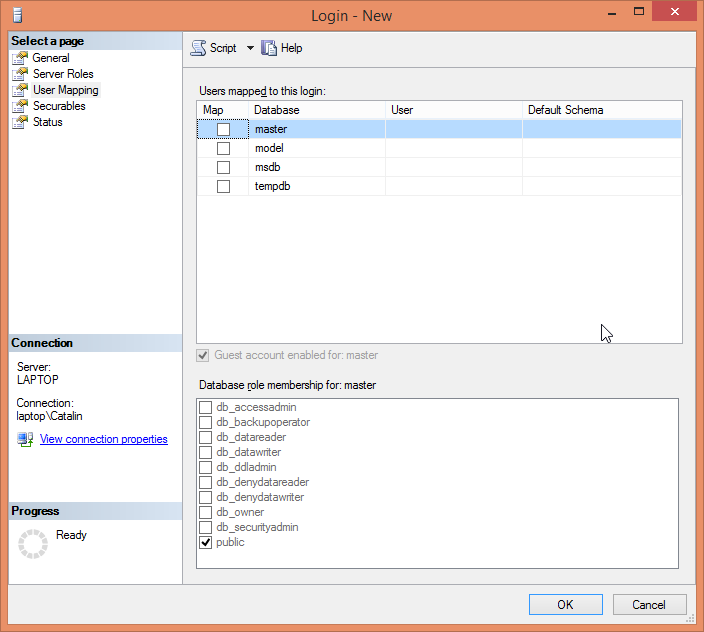 Create a Login for Microsoft SQL Server using SQL Server Management Studio (SSMS): user mapping 