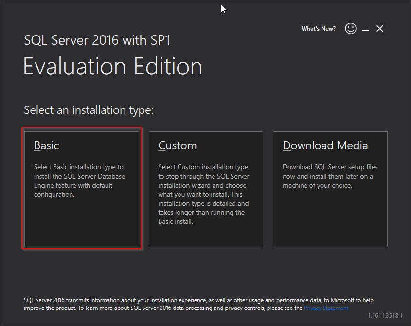 Microsoft SQL Server 2016 installation: start 