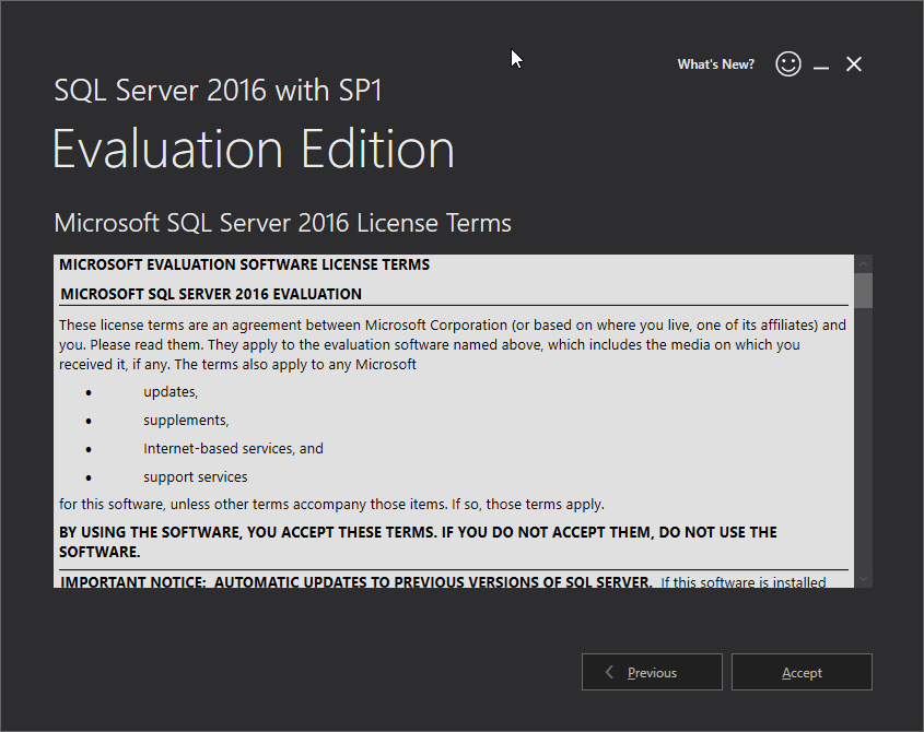 Microsoft SQL Server 2016 installation: accept
