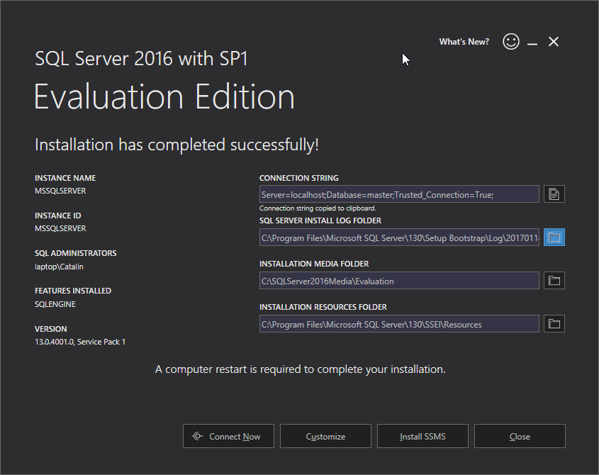 Microsoft SQL Server 2016 installation: installed