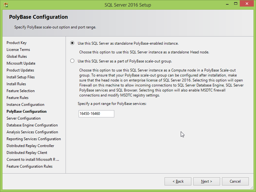 Microsoft SQL Server 2016 installation: polybase configuration 