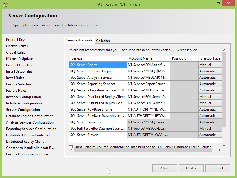 Microsoft SQL Server 2016 installation: server configuration 