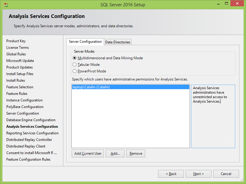 Microsoft SQL Server 2016 installation: analysis services configuration 