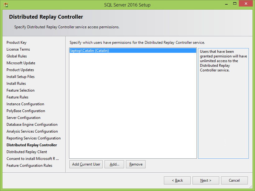 Microsoft SQL Server 2016 installation: distributed replay controller 