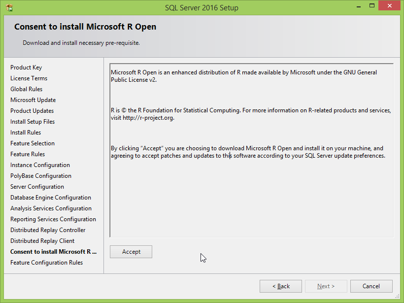 Microsoft SQL Server 2016 installation: microsoft r open 