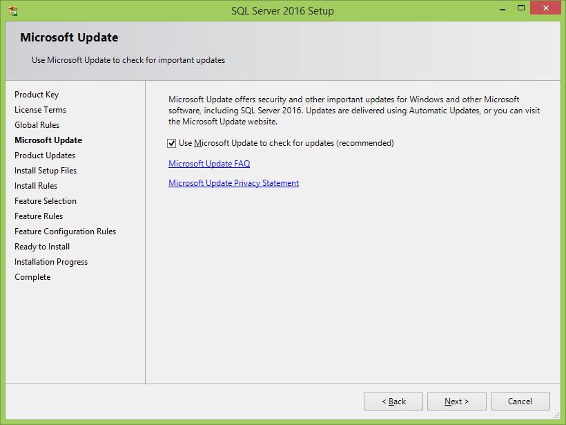 Microsoft SQL Server 2016 installation: updates 