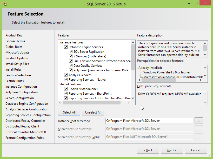 Microsoft SQL Server 2016 installation: features 
