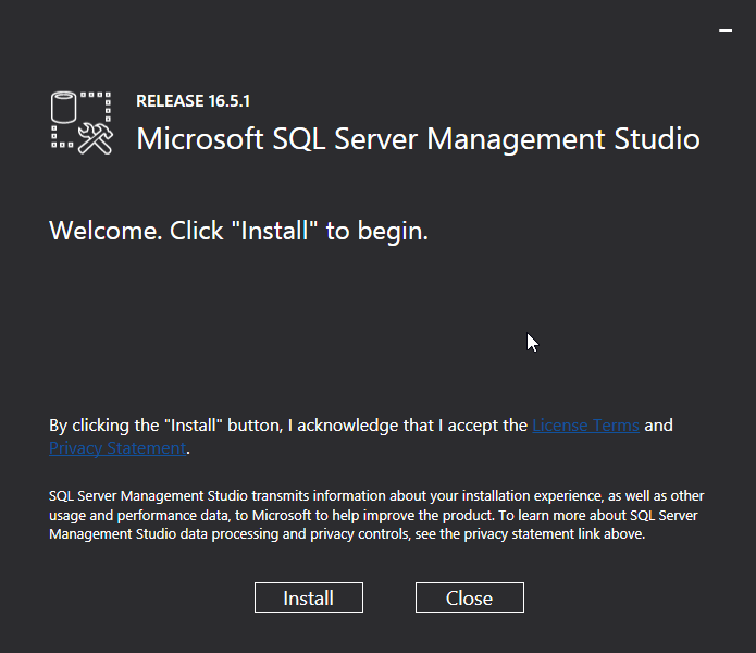 Microsoft SQL Server Management Studio installation: install