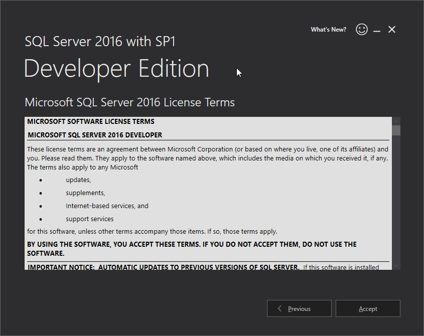 Microsoft SQL Server 2016 installation: accept 