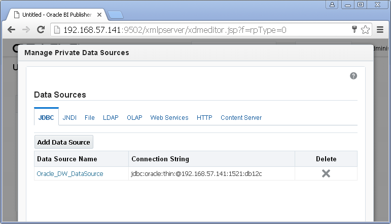 Create JDBC Data Source for Oracle BI Publisher : data source created