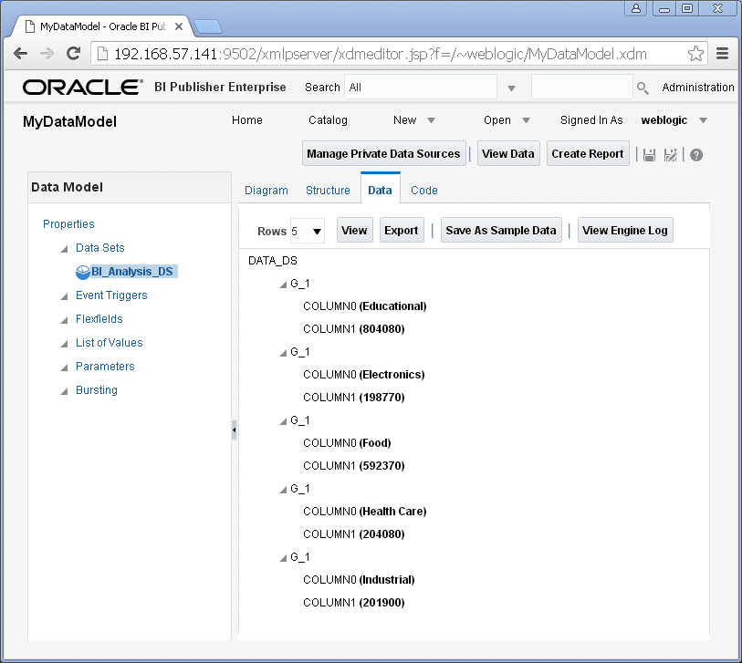 Create Oracle BI Analysis Data Set for Oracle BI Publisher : data