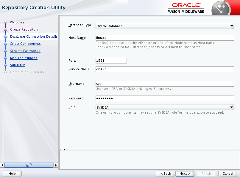 Oracle Business Intelligence 12c Enterprise Edition Prerequisites - run RCU : database connection details 