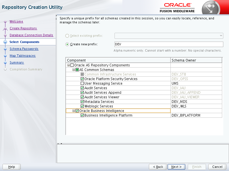 Oracle Business Intelligence 12c Enterprise Edition Prerequisites - run RCU : components 