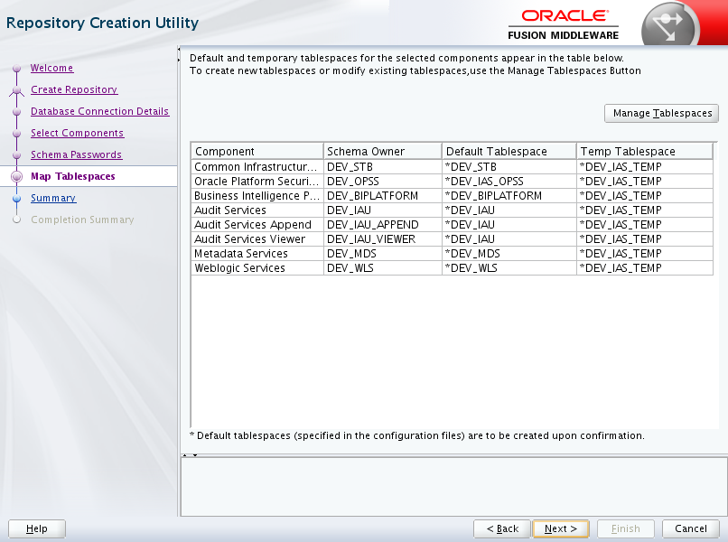 Oracle Business Intelligence 12c Enterprise Edition Prerequisites - run RCU : map tablespaces