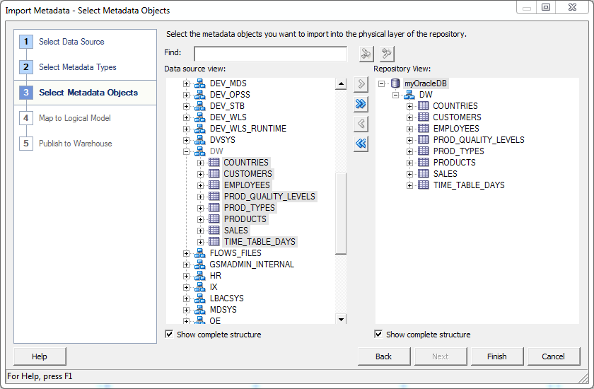 Import metadata for my examples into OBIEE Repository: metadata objects