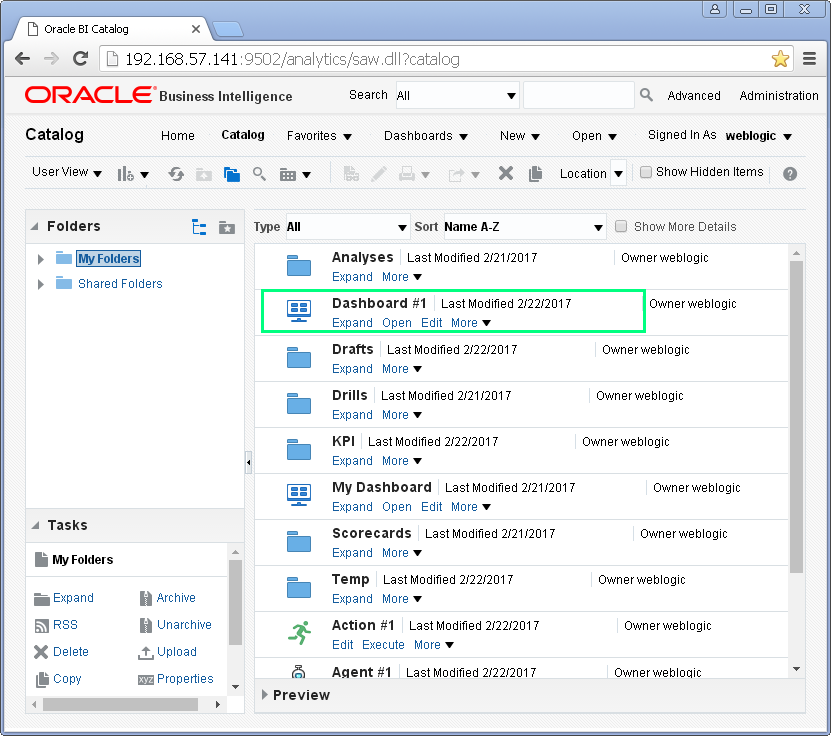 Create a Dashboard into Oracle BI Analytics: catalog