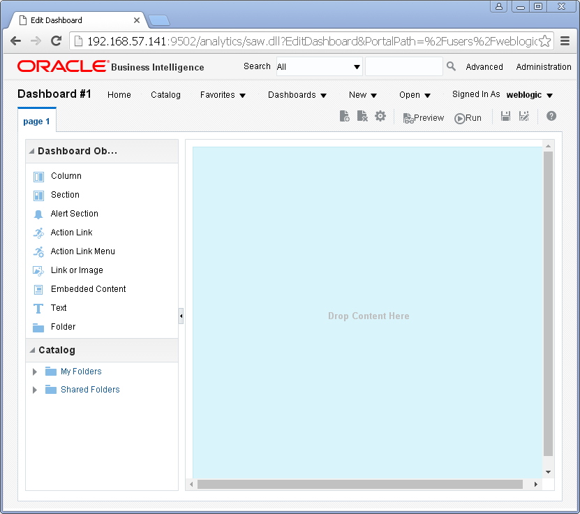 Add Content into an Oracle BI Dashboard : empty