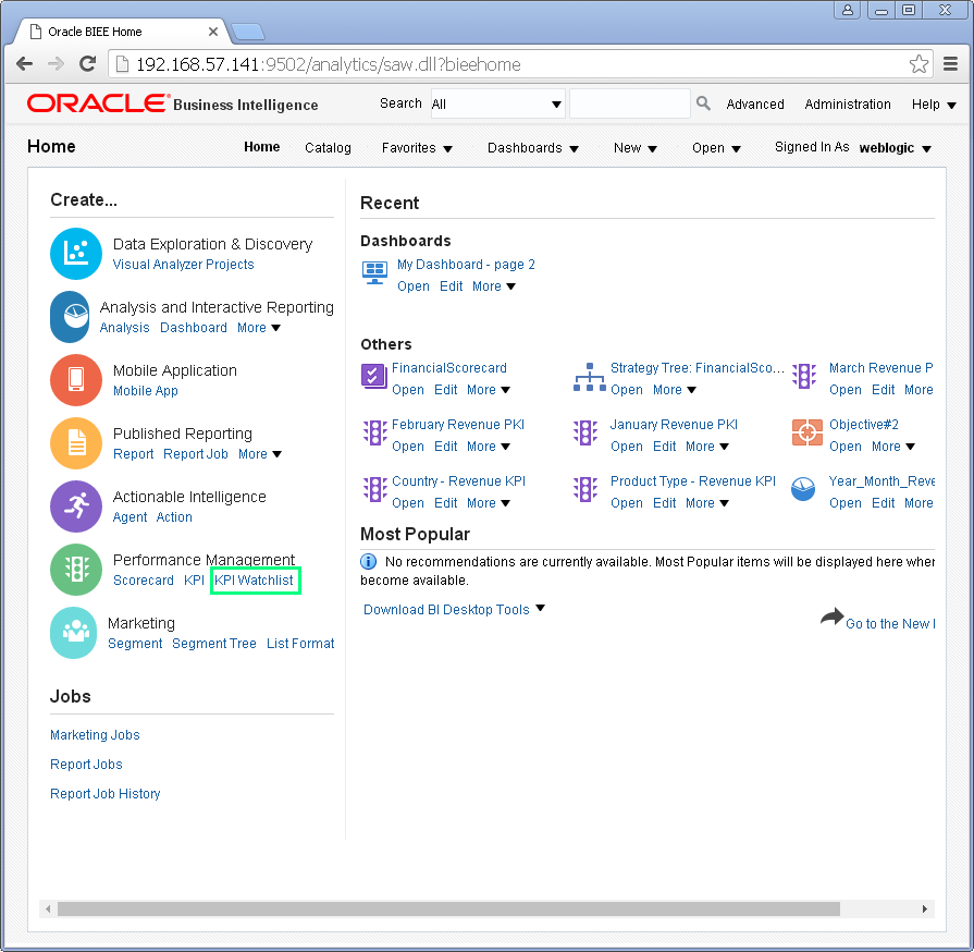 Create KPI Watchlist for Oracle BI Analytics: home