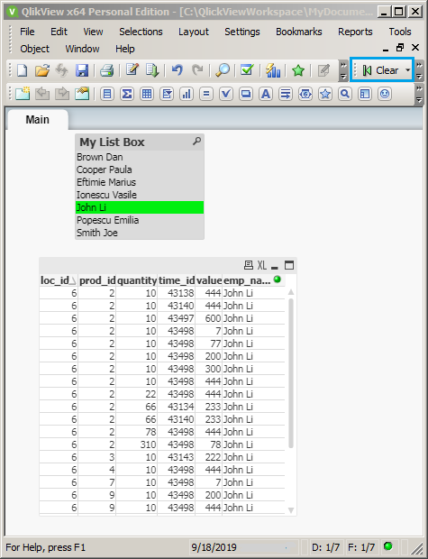 QlikView filering with List Boxes: table filtered 
