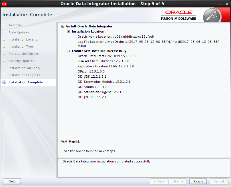 Install Oracle Data Integrator (ODI) 12c on Linux (CentOS, RedHat, OEL): odi 12c installation done