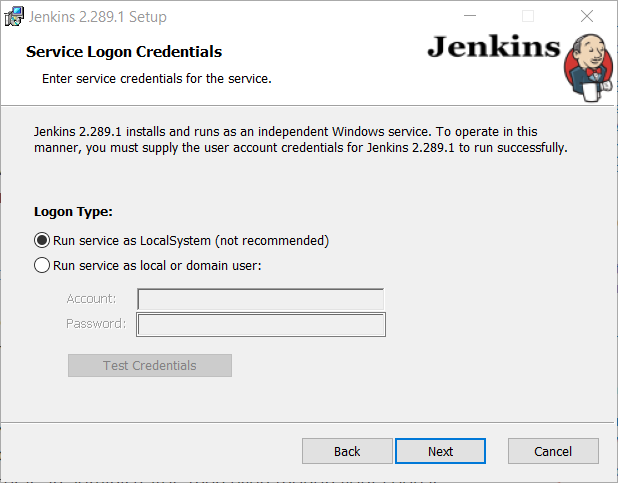Jenkins installation: logon credentials