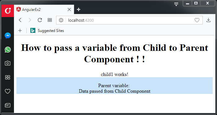 Pass variable from child component to parent component in Angular: in browser