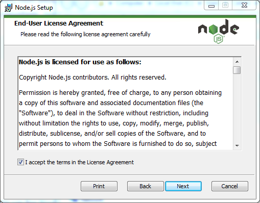 Node.js installation on Windows: license agreement