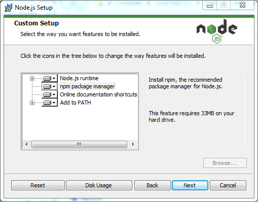 Node.js installation on Windows: custom setup