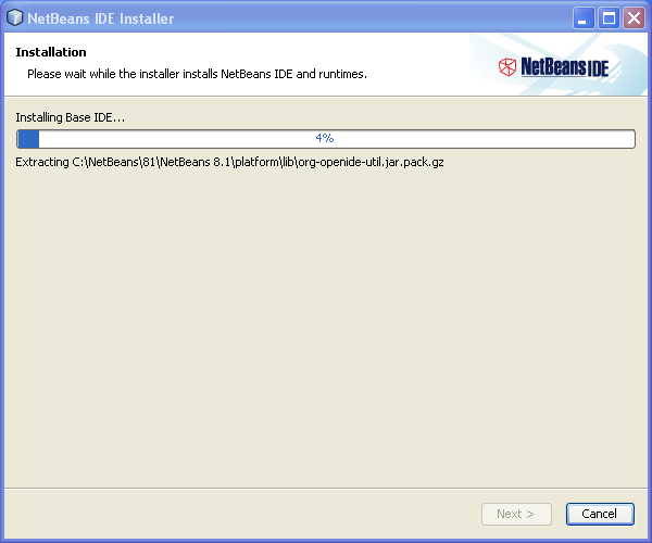 Install NetBeans on Windows: Installation in progress