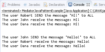 Mediator Design Pattern in Java : example result