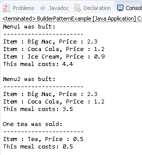builder Design Pattern in Java : example result