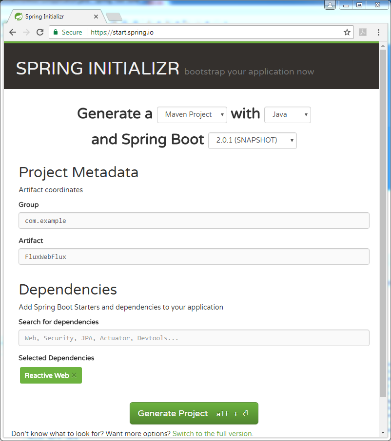 Spring Boot WebFlux Flux stream type example : Spring Initializr