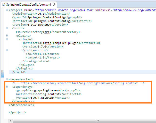 Spring context configuration using XML file (example) : pom.xml file
