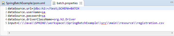 Spring Batch - Write data to a H2 database: batch properties