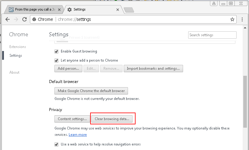 Delete Cookies from browser (from Google Chrome) : settings