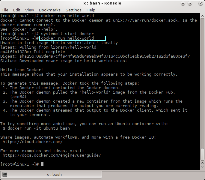 Docker installation on Linux (CentOS 7): Docker tested