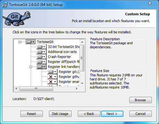 Install Git Client (TortoiseGit) on Windows: git custom setup