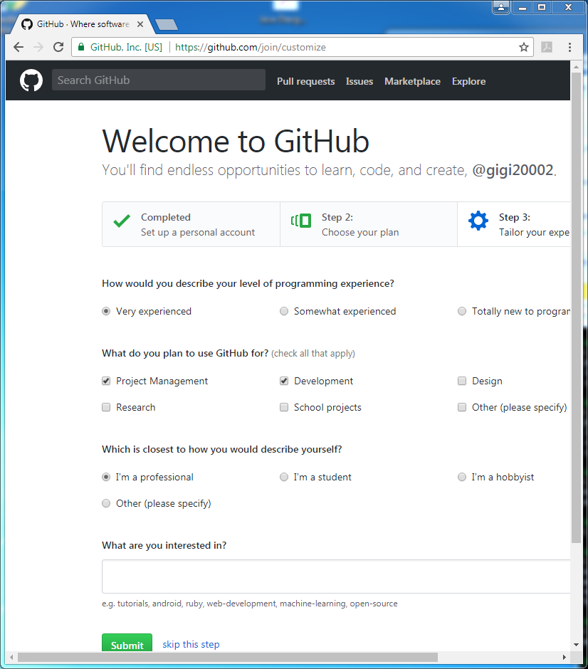 Create GitHub account: experience