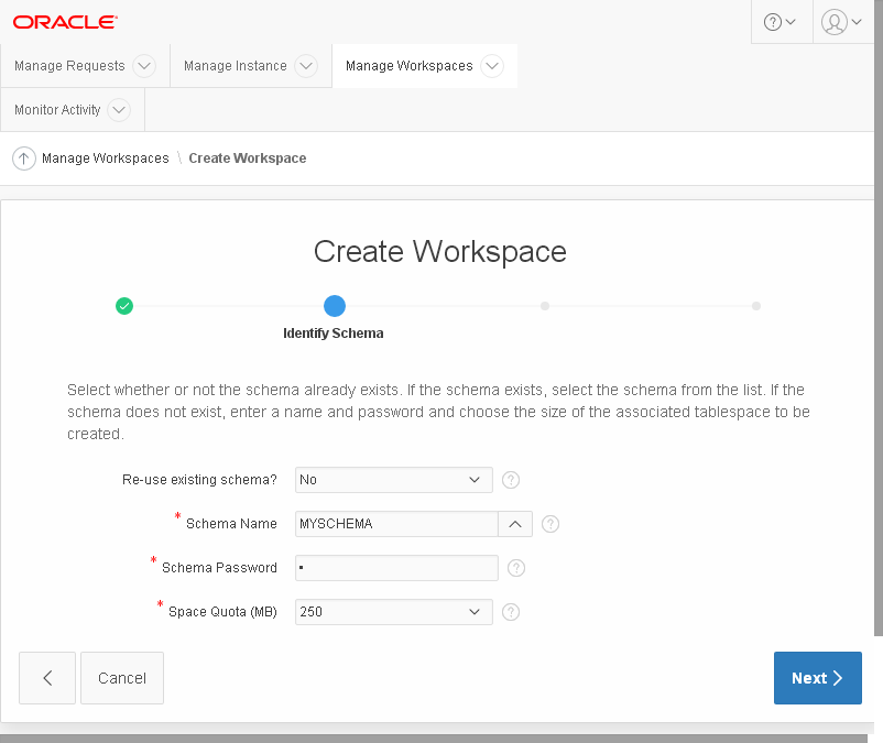 create Oracle APEX 5.1 workspace: reuse schema