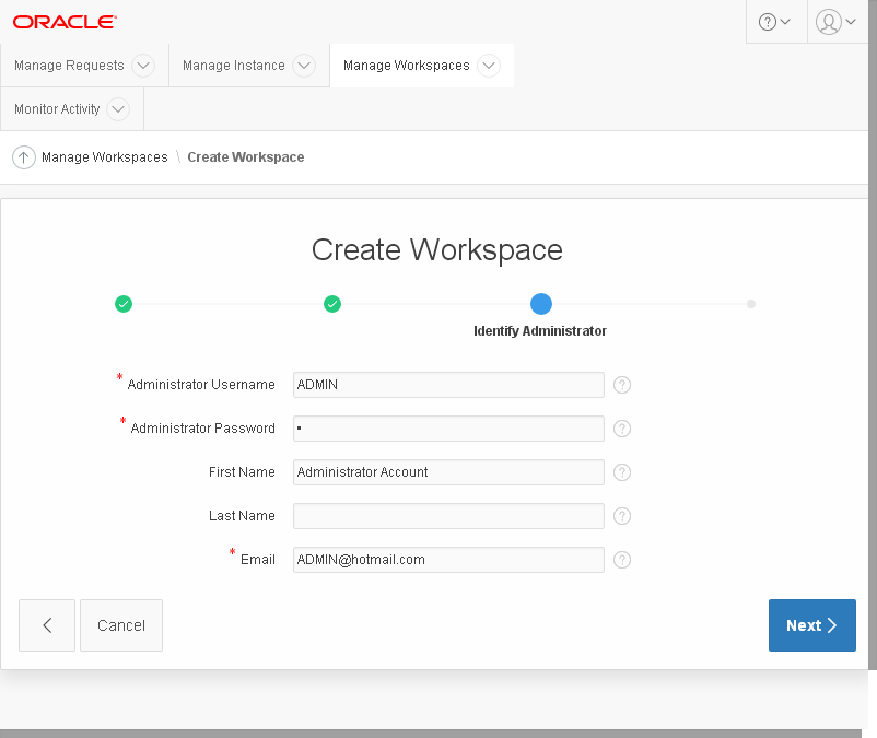 create Oracle APEX 5.1 workspace: admin user