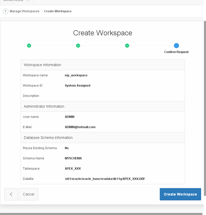 create Oracle APEX 5.1 workspace: confirmation