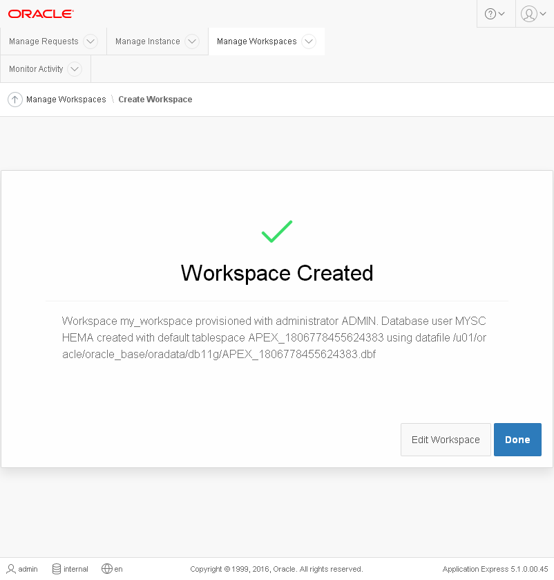 create Oracle APEX 5.1 workspace: done
